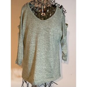 SJS Sage Green Cold Shoulder‎ Knit Top 3/4 Sleeve Cutout Marl T8600 Small USA
